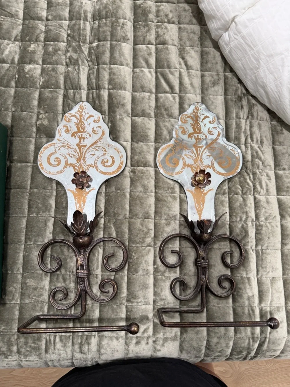 Pair of Vintage Copper Patina Iron Hooks with Mirror Wall Sconces
